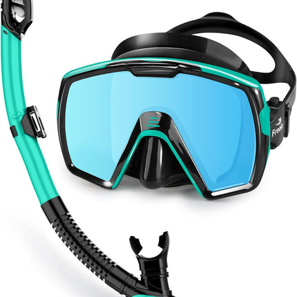 Freela Adult Dry Snorkel Set with Mirrored Lens Anti-Fog 180° Wide View Anti-Fog, Scuba Diving Mask with Nose Cover, Snorkeling Gear for Men Women - Green with Blue