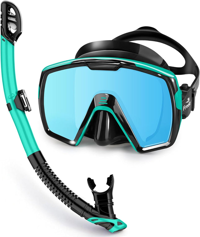 Freela Adult Dry Snorkel Set with Mirrored Lens Anti-Fog 180° Wide View Anti-Fog, Scuba Diving Mask with Nose Cover, Snorkeling Gear for Men Women - Green with Blue