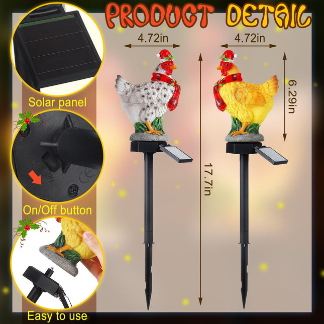 2 Pack Christmas Chicken Solar Light Christmas Stake Light for Outside Waterproof Chicken Statue Solar Light for Winter Home Patio Garden Yard Lawn Pathway Walkway Xmas Outdoor Decoration