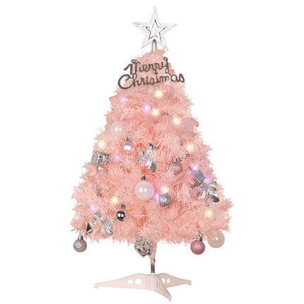 24 Inch 2 FT Pre-lit Mini Christmas Tree, DECSPAS Small Tabletop Pink Christmas Tree with LED Lights Hanging Ornaments and Tree Skirt Xmas Decorations for Holiday Party Home