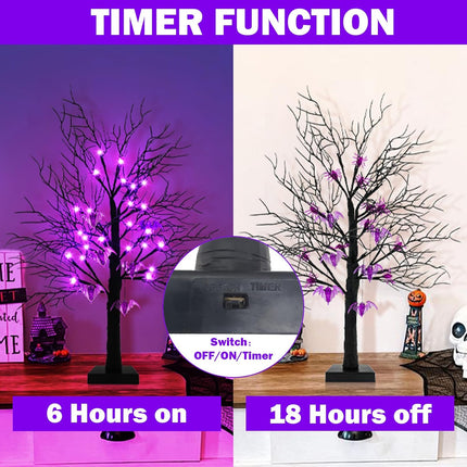 Agusbagli 2 Pack 24 Inch Black Halloween Tree Decor with Timer, Twigs Tree with 24 Purple Lights DIY 12 Spiders & 6 Bats Battery Operated Tabletop Artificial Spooky Tree Halloween Decorations for Home