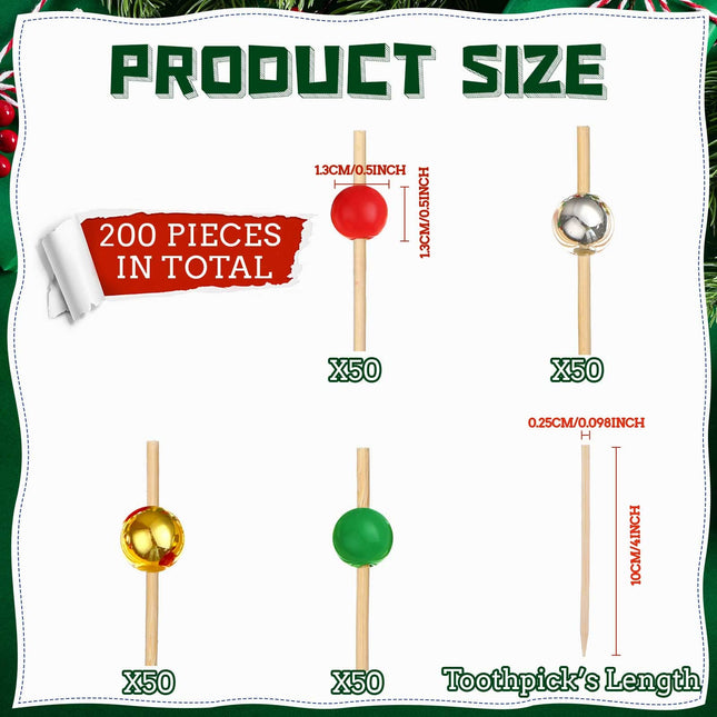 200 Pcs Christmas Cocktail Picks 4.7 Inch Christmas Colorful Bead Handmade Sticks Bamboo Pearl Toothpicks Cocktail Sticks for Drinks Christmas Day Decorations Cake Toppers Cocktail Party Supplies