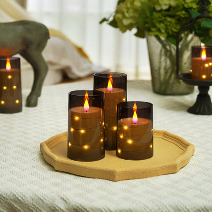 Homemory Flickering Flameless Candles with String Lights, Battery Operated Candles, Embedded String Lights LED Candles, Unbreakable Plexiglass Candles with Remote, Set of 3, Grey