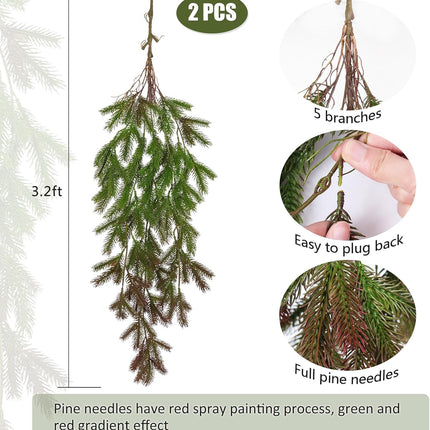 RECUTMS 2Pcs Christmas Pine Garland 3.3FT Hanging Fake Pine Needle Plants Faux Greenery Winter Norfolk Pine Swag Artificial Wreath Decor for Christmas Indoor Outdoor Holiday Table Mantel Winter (Red)