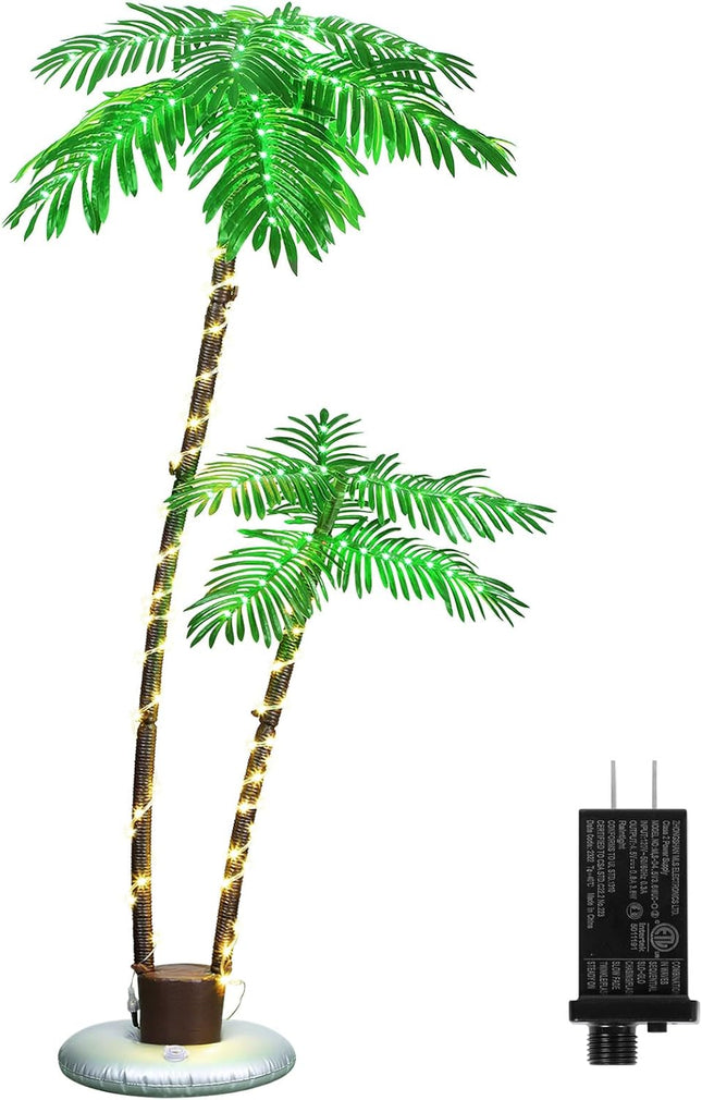 Lighted Palm Trees for Outside Patio,6Ft 2 Trunks Fake Palm Tree with 8 Mode for Tiki Bar Christmas Decor,Artificial Palm Trees for Outdoors Pool Christmas Tree Outdoor Patio Decor Helloween