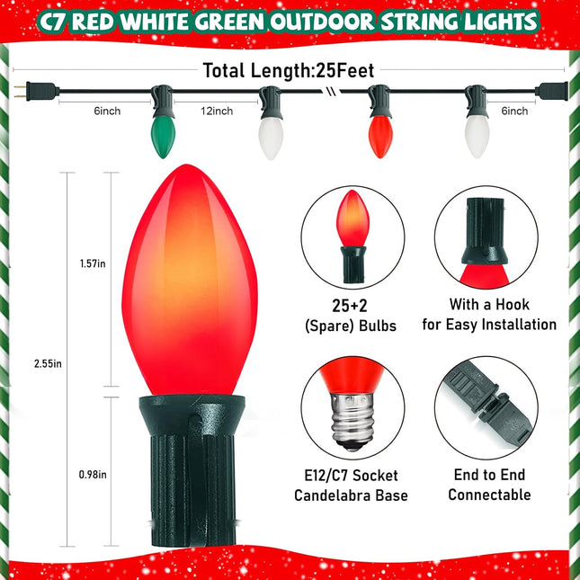 C7 LED Red White and Green Christmas Lights,25ft Vintage Ceramic Christmas String Light With 27 Multicolor LED Bulbs(2 Spare),Outdoor Hanging Christmas Lights for Garden House Xmas Garland Tree Decor