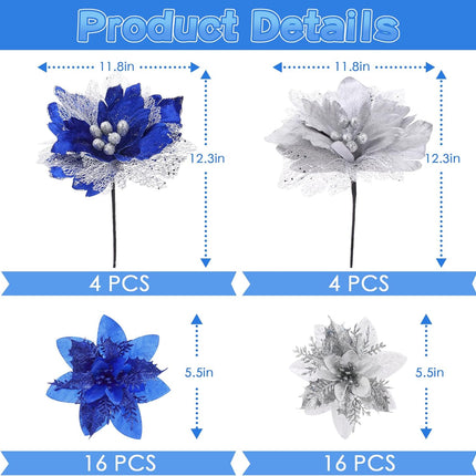 Jutom 40 Pcs 12.3/5.5 Inch Christmas Glitter Poinsettia Faux Flowers Blue Silver Poinsettias Artificial Flowers Ornaments Christmas Tree Decoration Poinsettia Christmas Decorations for Wedding Party