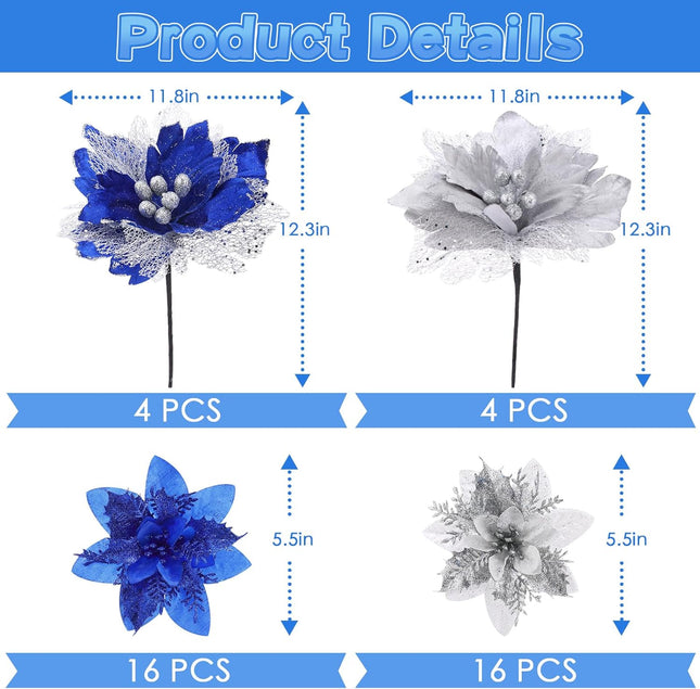 Jutom 40 Pcs 12.3/5.5 Inch Christmas Glitter Poinsettia Faux Flowers Blue Silver Poinsettias Artificial Flowers Ornaments Christmas Tree Decoration Poinsettia Christmas Decorations for Wedding Party
