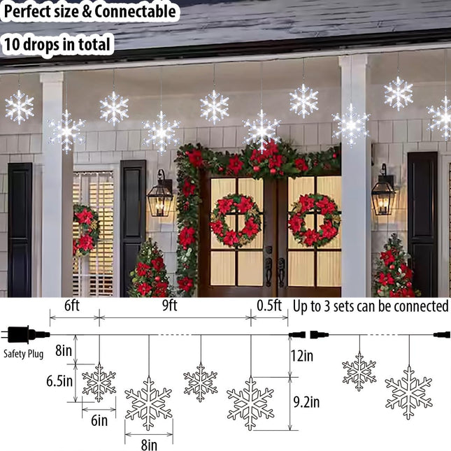 Christmas Snowflake Lights with 10 Drops, 9ft 150 LED Twinkling Cool White Icicle Christmas Lights, Waterproof Connectable Hanging Lights for Indoor Outdoor Eaves Window Curtain Porch Xmas Décoration