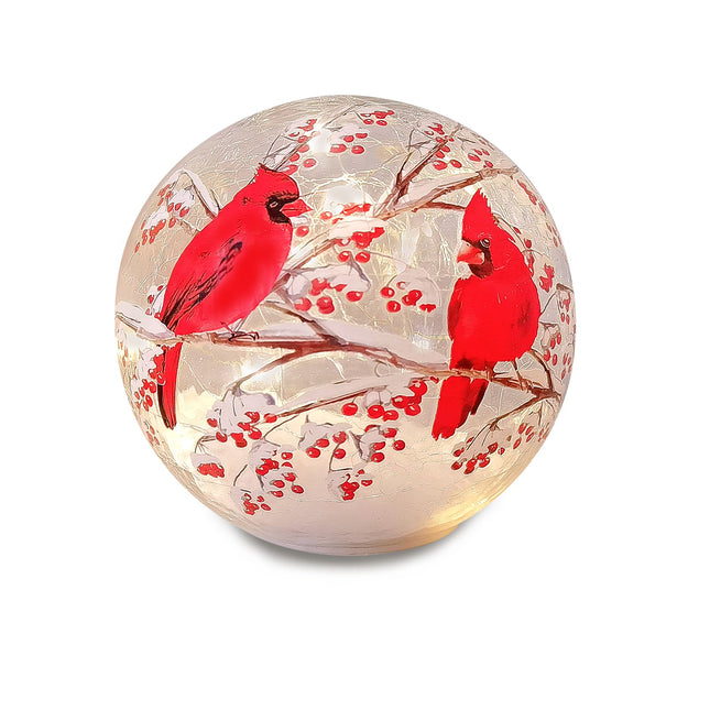 Glass Ball Light Crackle LED Night Light Red Bird Pattern Battery Operated Light Tabletop Decorative Sphere Lamp LED Orb Table Lamp for Outdoor Living-Room Pathway Patio Yard Lawn Bedroom