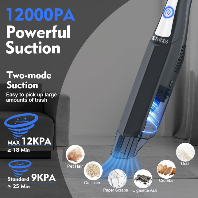 Xrexs Wireless Handheld Car Vacuum Cleaner 12000Pa, Car Vacuum Cordless Rechargeable, Portable Hand Held Vacuum, Handheld Car Vacuum For Carstairspet Hair