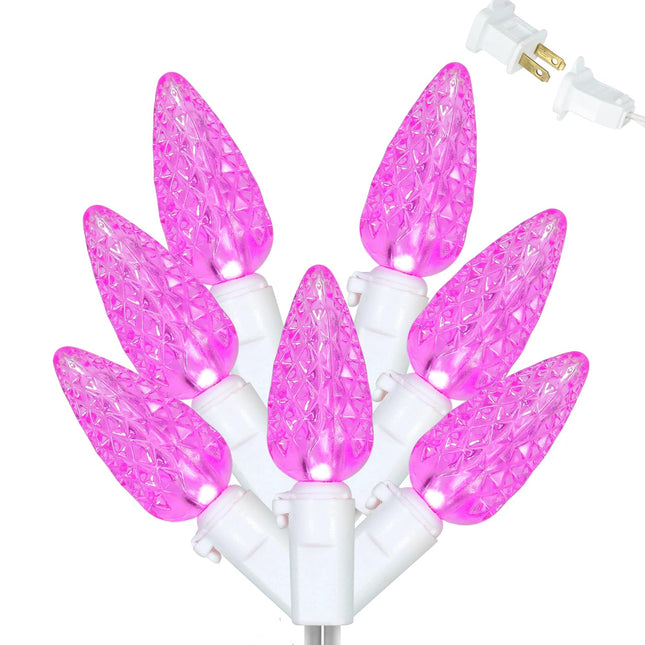 Pink Led Lights C6 White Wire 70L 24.8 ft UL Listed Connectable Christmas Outdoor Decoration Lights for Mother's Day Birthday Wedding for Room and Garden Decorations