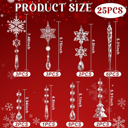 25Pcs Crystal Christmas Ornaments, Acrylic Hanging Snowflake Decorations Icicle Ornaments for Winter Year Party Decor, Xmas Tree Decorations Supplies