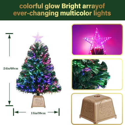 24inch Green Fiber Optic Christmas Tree,Pre-Lit Artificial Mini Christmas Tree, Tabletop Small Xmas tree with Stars Holiday Home Decorations