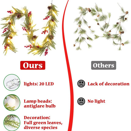 Quntis Christmas Garland with 20 Globe Lights, 2 Pack 5.7FT Artificial Red Berry Garland Christmas Decorations PineCones Bells, Lighted Garland for Mantel Door Fireplace Table Holiday Indoor Outdoor