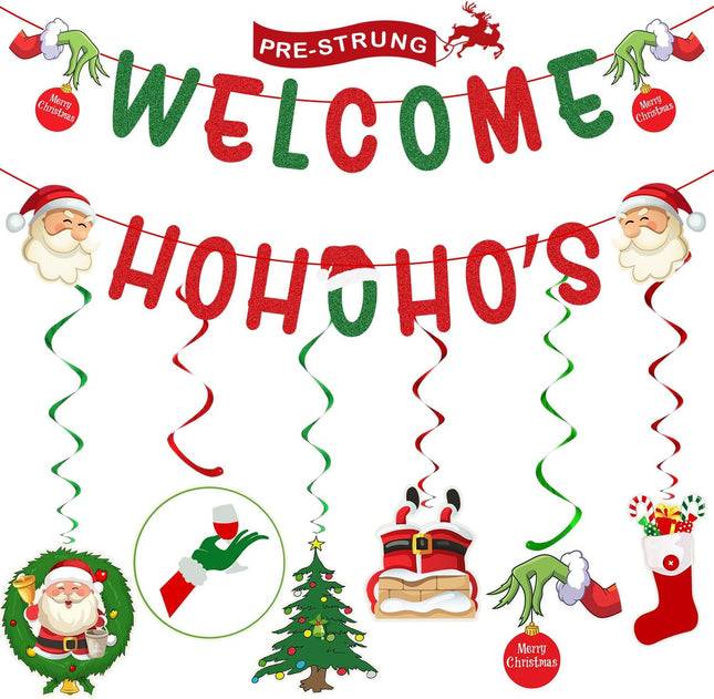 Christmas Decorations – Glittery Welcome Hohoho's Banner, Hanging Swirls with Christmas Ornaments for Christmas Decorations Indoor Outdoor, Christmas Decor, Christmas Party Decorations