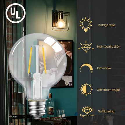 Dimmable LED Edison Light Bulb, G25 (G80) Globe Bulb, 60W Equivalent, 3000K Warm White, Christmas Light, E26 Standard Base, UL Listed, 6-Pack