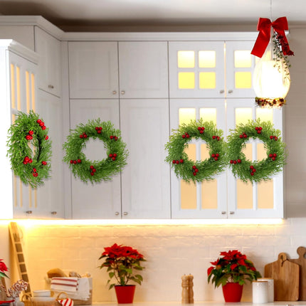 8 Pcs Christmas Candle Rings Wreath Red Artificial Cedar Berry Candle Ring Holder Mini Window Wreaths for Home Christmas Holiday Table Centerpiece