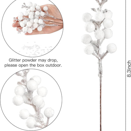 Sggvecsy 30Pcs Christmas Glitter Berries Stems Artificial Red Berry Branches Holly Picks Stems Christmas Tree Ornaments for DIY Xmas Wreath Crafts s Holiday Home Decor (White)