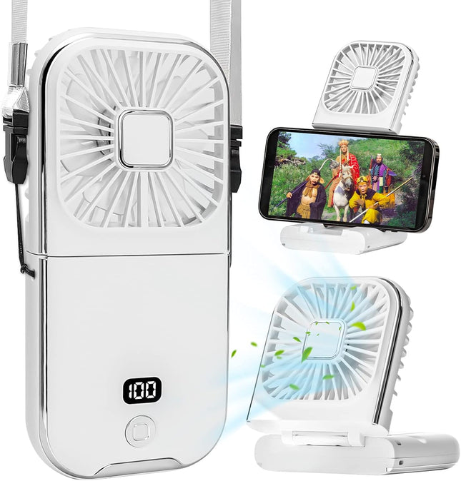 Mini Fan Portable,Handheld Fan Foldable,5 In 1 Neck Fan,Hand Fan,Desk Fan,3000 Mah Power Bank,Phone Holder,Usb Rechargeable