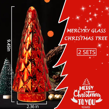 Mercury Glass Christmas Tree, 2-Pack Lighted Xmas Tree Decorations, Holiday Centerpiece Battery Operated LED with Timer, Decorative for Tabletop Window Mantel Display Party Indoor Home Decor(RED)