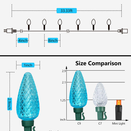 C9 Led Christmas String Lights Outdoor, 33.3ft 50 LED Waterproof Decorative Light Strand, Extendable Green Wire String Lights for House, Christmas Tree, Patio, Party Decoration, Turquoise