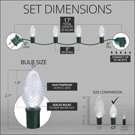 Wintergreen Lighting C7 Cool White Christmas Lights Set of 25, 17 Ft, White LED Christmas Lights Outdoor String Lights Party Wedding Indoor-Outdoor C7 Christmas Lights String