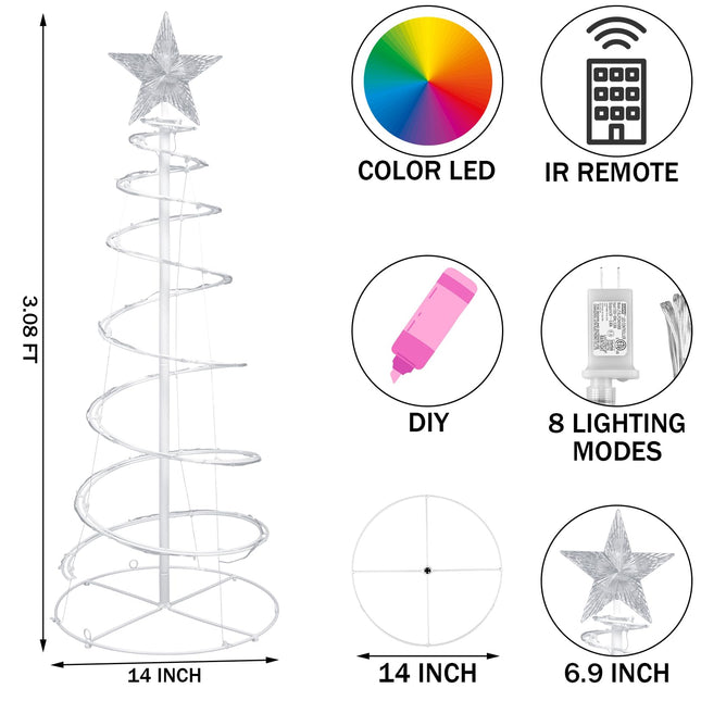 VIHOSE 3 Pcs LED Spiral Christmas Trees Outdoor Light up Xmas Tree Collapsible Multicolor Smart LED Lighted Mode Christmas Tree with Star Topper for Christmas Outside Yard Porch Home (3ft)