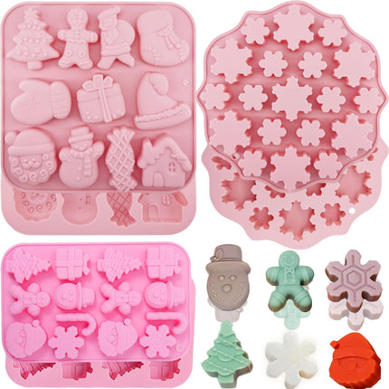 3 Pack Christmas Silicone Molds, 44-Cavity Snowflake Snowman Gingerbread Chocolate Mold Christmas Tree Santa Claus Candy Molds for Baking Gloves Elk Socks Bells Santa Hat Claus Holiday Mold