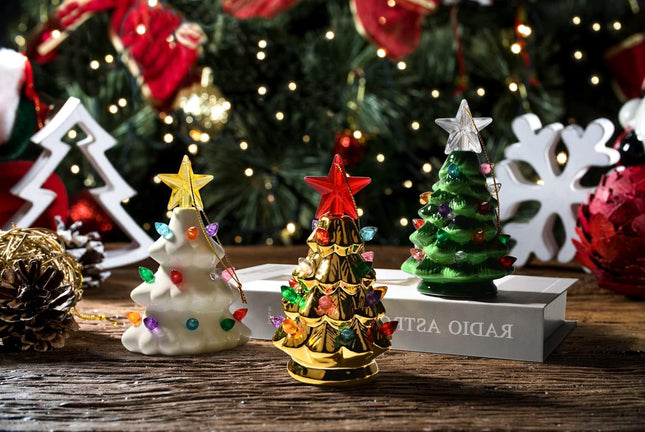 B SEPOR Set of 3 Mini 4.5" Inch Nostalgic LED Ceramic Christmas Tree with Lights Xmas Tree That Light Up Hanging Ornaments White Golden Green Assorted for Holiday Decoration and s