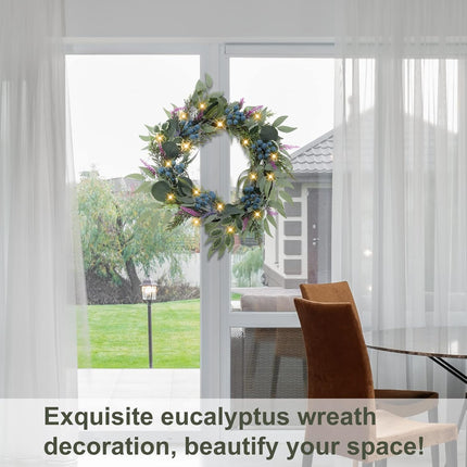 Artgar Eucalyptus Wreath, 18" Front Door Eucalyptus Wreath, Four Season Wreath, Lavender Green Wreath with 20 LED Lights for Front Door, Windows, Walls, Farmhouse, Home Year Round Decoration