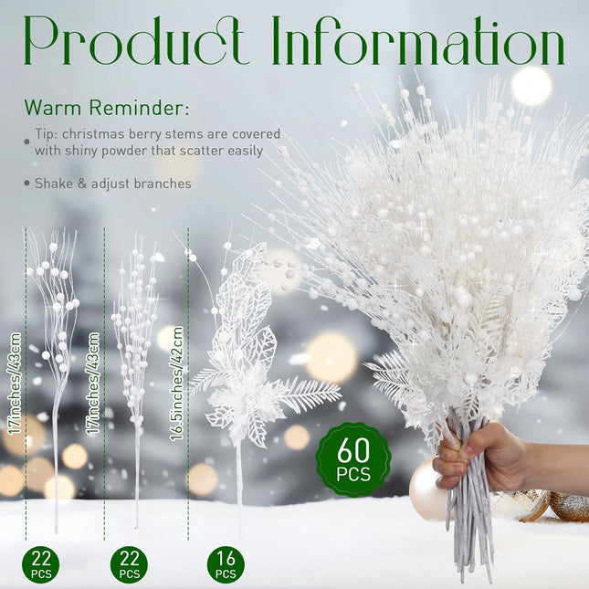 XunYee 60 Pcs Christmas Picks and Sprays for Tree,3 Styles Glitter Artificial Christmas Berry Stem Xmas Tree Filler Branch Ornaments Bead Stick for Christmas Tree Wreath Garland Decor(White)