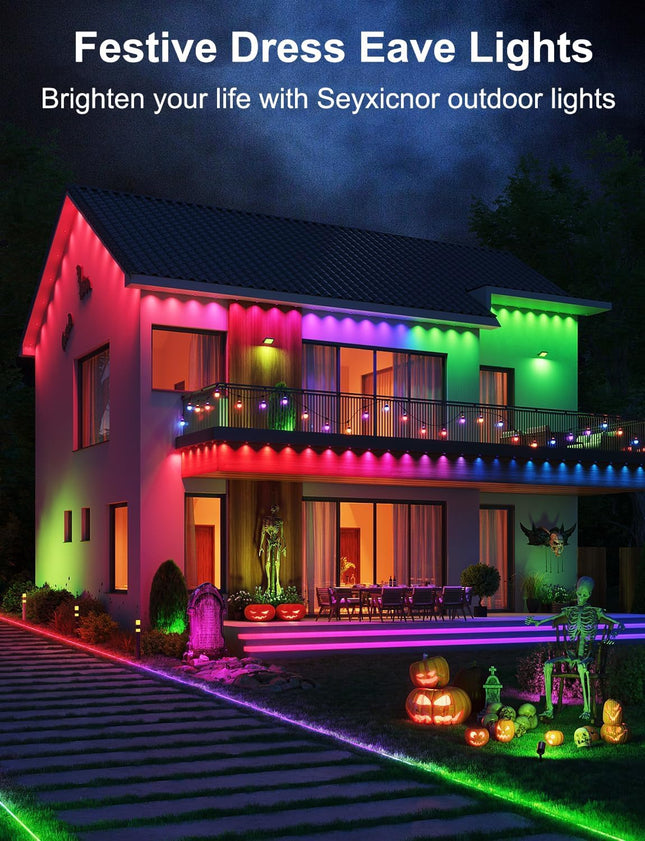 50FT Permanent Outdoor Lights, 63 Scene Modes Smart RGBW Outdoor Christmas Lights with Remote APP Control, IP67 Waterproof LED Eaves Lighting for Halloween Party, Daily, Garden Decor