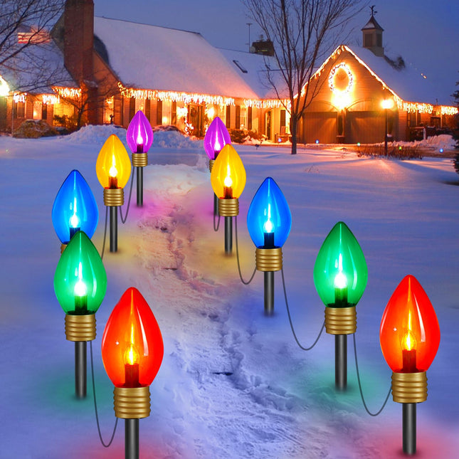 Jumbo C9 Christmas Pathway Lights Outdoor - 2 Pack Total 17 Feet 10 LED C9 Walkway Lights, Multicolor Bulb Holiday Pathway Lights with Marker Stakes, Christmas Lights Outdoor Decorations for Lawn Yard