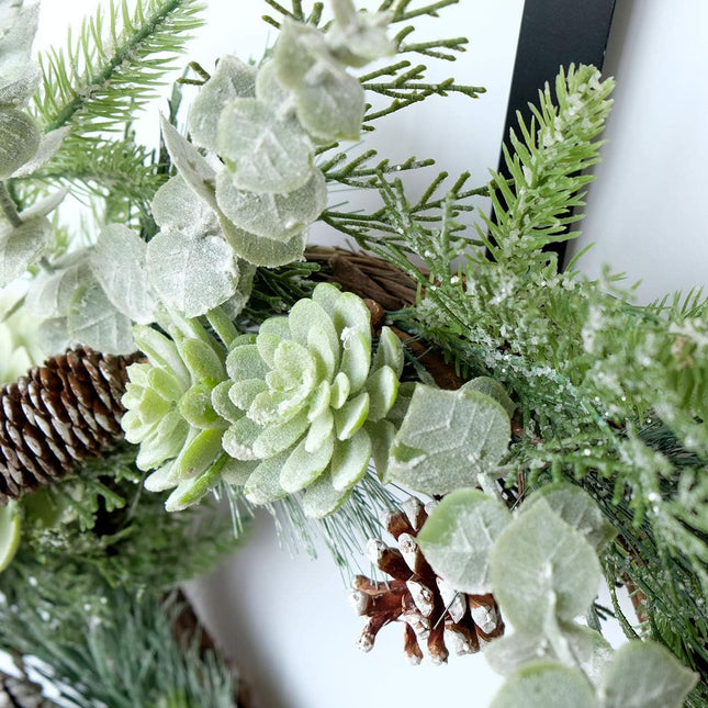 idyllic 22 Inches Greenery Wreath Snowy Pine Cone Grapevine Wreath Artificial Winter Garlands for Front Door Indoor Wall Decor for Home Office Decoration with Floral Swags and Pine Branches