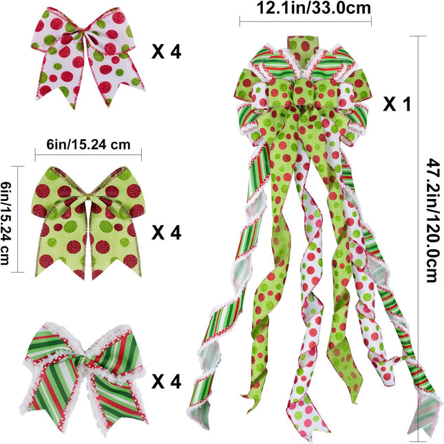 1 Large Christmas Tree Topper Bows and 12Pcs Small Wreath Bows Set Candy Stripe Red Green Dot Bow Xmas Ornaments for Christmas, Holiday Party, Indoor/Outdoor Home Decor, 47"x13"