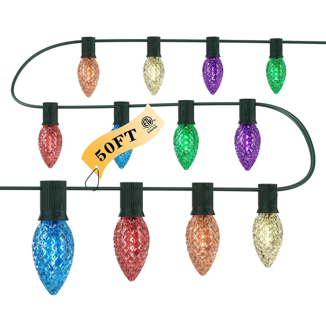 Kawaya Outdoor Christmas String Lights: C9 LED faceted Tree Lights, 50FT 50 Bulbs Multi Colored Indoor Decorations Lights, IP65 Commercial Waterproof Xmas Lights for Outside Roof House Walkway Pathway