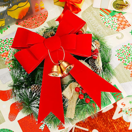 MCPINKY Christmas Bows Decor, 9 X 12 Inches Christmas Red Velvet Bows 3PCS Christmas Tree Crafts with Jingle Bells and Ribbon for Christmas Wreath Box Holiday Christmas Day Decorations
