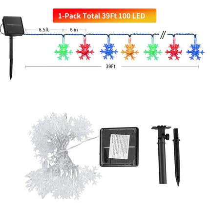 Solar Christmas Snowflake String Lights 100 LED 39 FT Outdoor Waterproof Fairy Lights with 8 Lighting Modes for Wedding, Party, Tree, Room, Garden, Patio, Yard, Home, Multicolor