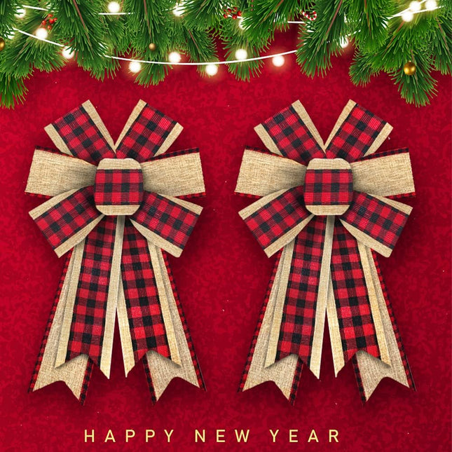 2PCS Christmas Wreath Bows, Red Black Buffalo Plaid Bows for Wreath Beige Rustic Farmhouse Bows for Front Door Winter Christmas Tree Bows for Year Indoor Outdoor Xmas Decorations