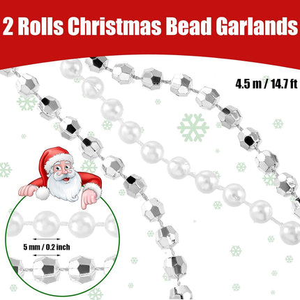 2 Rolls Christmas Tree Beads Garland 14.7 Ft Each White and Silver Beaded Garland Iridescent Twisted Decor Xmas Faux Pearl Crystal Garland Strands Twist Bead Christmas Garlands for Tree Wall Party