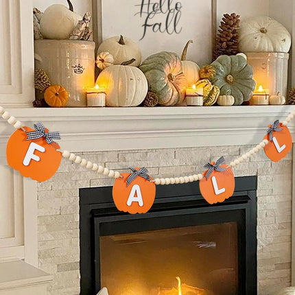 Fall Decor-Wooden Pumpkin Garland Fall Decorations for Home-Thanksgiving Farmhouse Pumpkins Wood Bead Garland Banner for Fireplace Mantel Walls