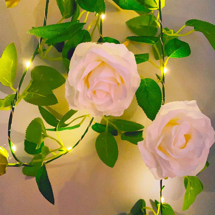 Fielegen Artificial Flower Garland with 20 LED String Lights, 6.56FT Hanging Rose Flower Vine Garland Decoration Lights for Garden Wedding Flower Table Decor Birthday Party Christmas DIY Wreath Decor