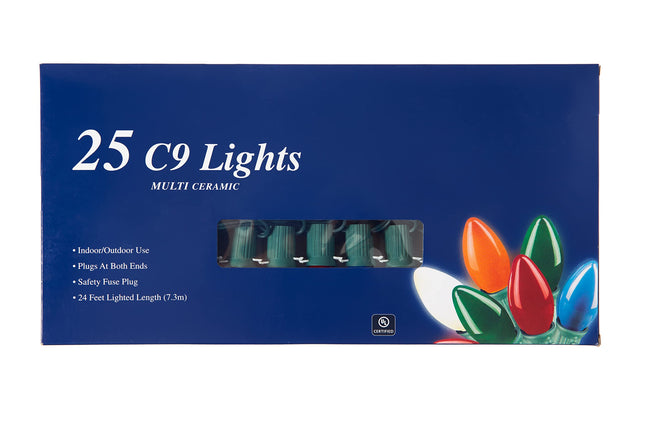 25 Ft Multicolor Christmas Light String with C9 Light Bulbs - Indoor/Outdoor Classic Christmas Holiday Decor Lights