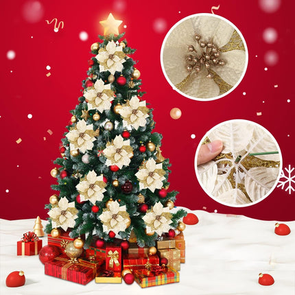 RECUTMS Pack of 10 Glitter Artificial Poinsettia Flowers Christmas Wreath Christmas Tree Flowers with 10 Pcs Green Soft Stings (Gold)