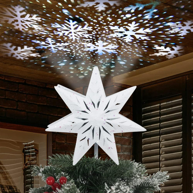 YEAHOME Christmas Tree Topper, 3D Lighted White 7-Point Star Tree Topper with Snow-White Snowflake Projector for Christmas Treetop, Lights Xmas Tree Topper for Christmas Tree Decorations