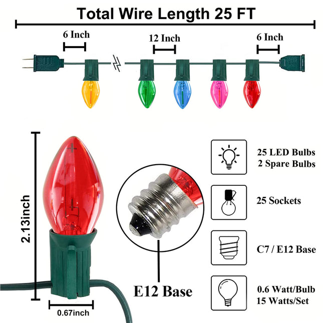 C7 Christmas String Lights 25Ft LED Outdoor Christmas Lights with 27 Clear Multicolor LED Bulbs(2 Spare), Vintage Colorful String Lights for Garden Wedding Party Xmas Decoration