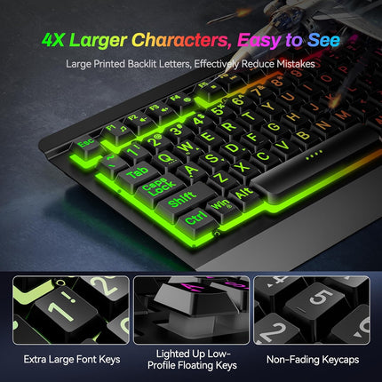 Large Print Rainbow Backlit Gaming Keyboard, Wired USB Light Up Computer Keyboard with Big Letters Keys,12 Multimedia Keys, Wrist Rest, All-Metal Panel,Full Size Keyboard, for PC,Laptop