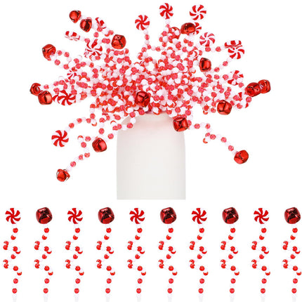 Tigeen 50 Pcs Christmas Curly Pick White Christmas Picks Bells Candy Cane Christmas Decorations Christmas Tree Picks for Xmas Tree Topper Decor Home Office Crafts Party Ornaments (Red White)