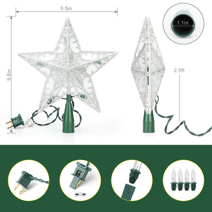 Brizled 9.5” Christmas Star Tree Topper, Glittered Silver Treetop Star, 3D Star Christmas Tree Topper with 10 Lights, UL Lighted Xmas Tree Topper for Christmas Tree Decorations